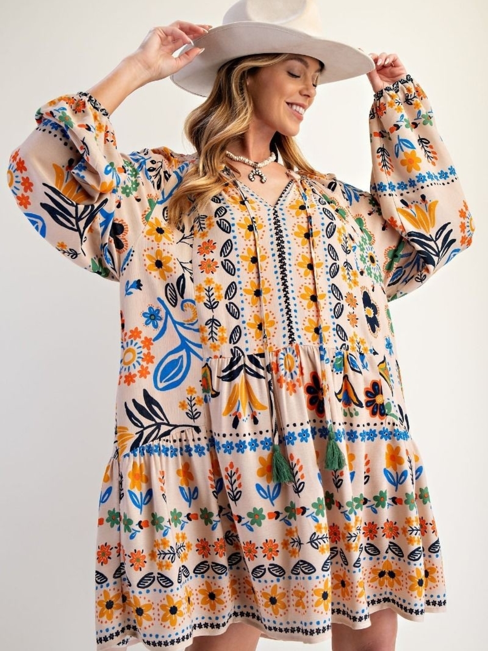 P4-0908Easel Fall Tapestry Floral Beige Midi Dress - Picture 4 of 5